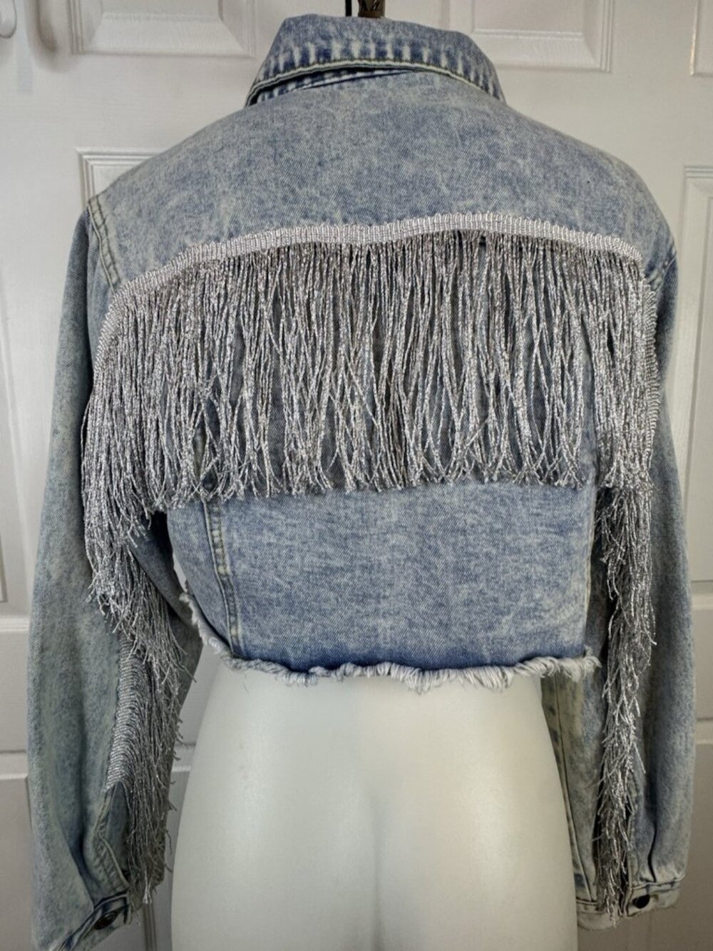 Cropped Denim Jacket with Fringe M NWOT